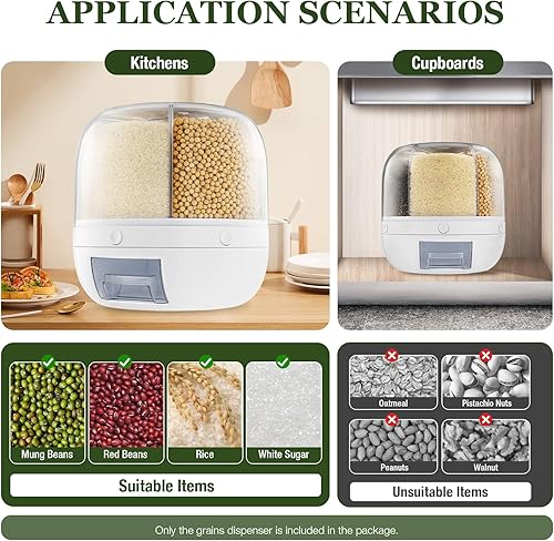 Miniatura 7 de Dispensador de granos Dispensador de arroz giratorio de 360, contenedor de 6 rejillas, tanque de almacenamiento de granos multigrano redondo para el