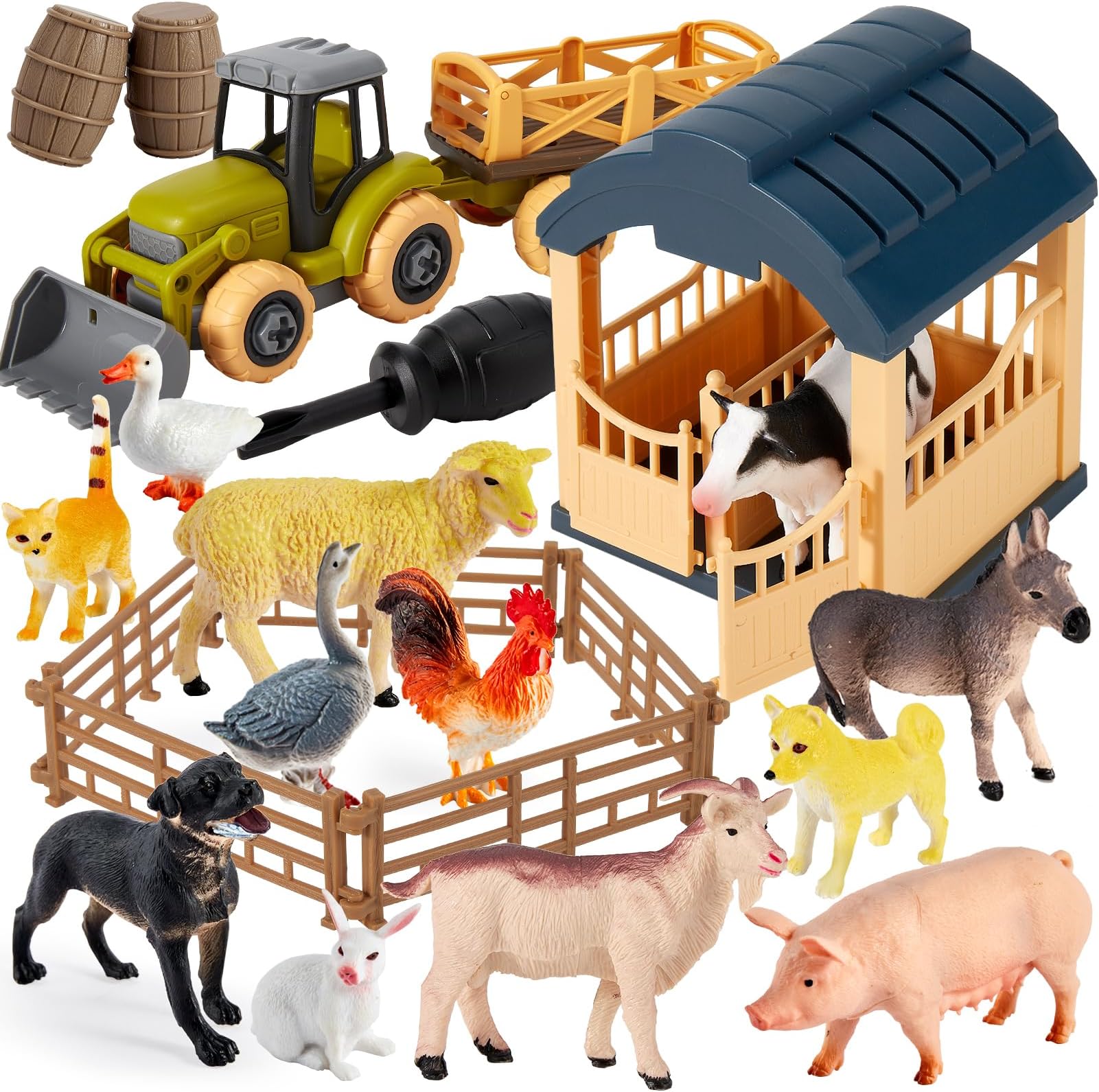 Farm Animals Toys Sets for 3 4 5 Years Olds, Large and Mini Size Animals Figure, Take Apart Farmyard Truck House Fence Gifts for Kids Toddler Boys Girls