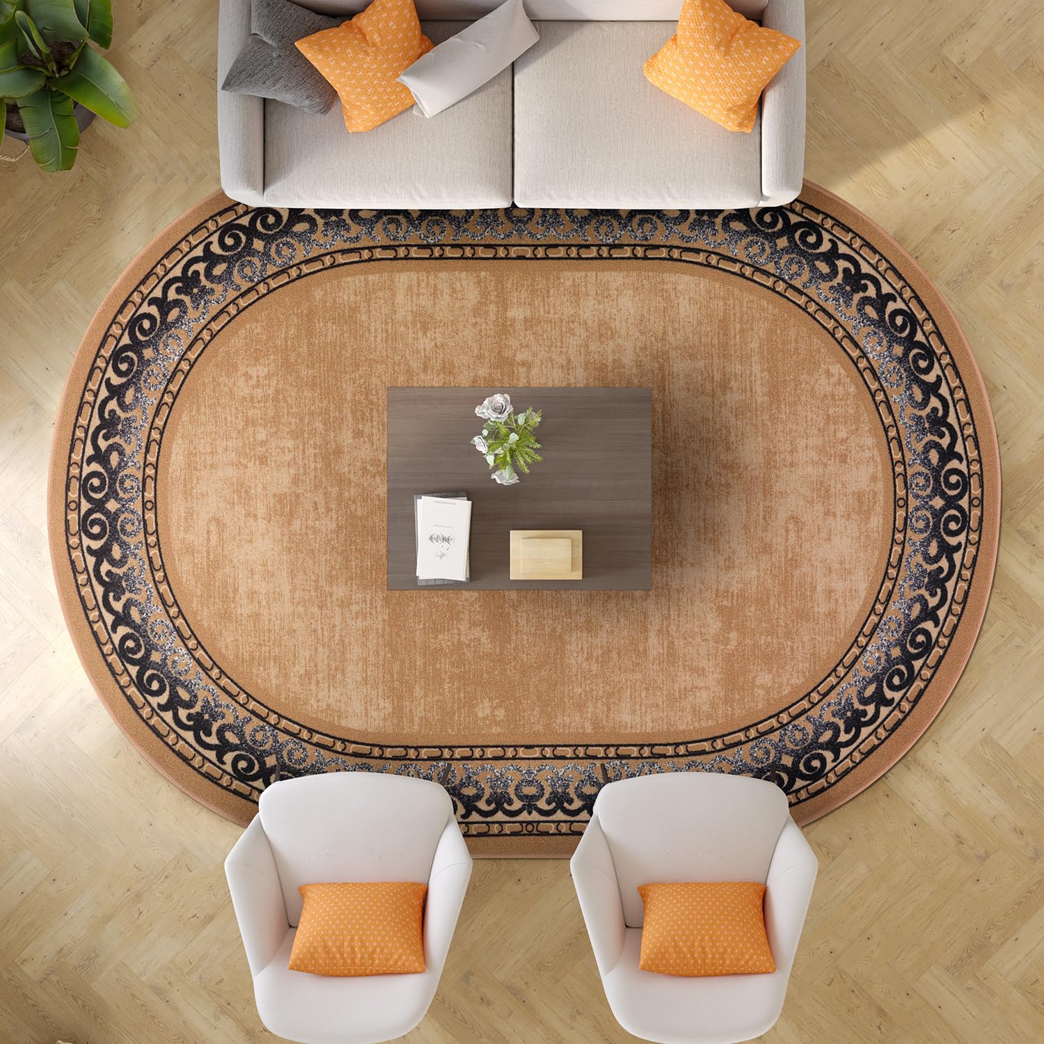 Antep Rugs Alfombras Bordered Modern 5x7 Non-Slip (Non-Skid) Low Pile Rubber Backing Indoor Area Rug (Gold Brown, 5' x 7' Oval)