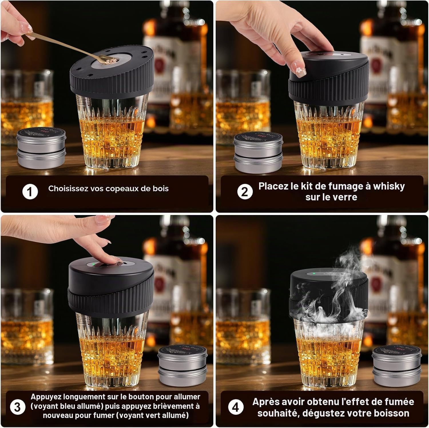 Kit de Fumeur de Whisky Electrique Portable - Kit de Fumée de Cocktail Multifonctionnel Rechargeable avec 6 Puces de Bois (sans Butane) - Briquet Intégré