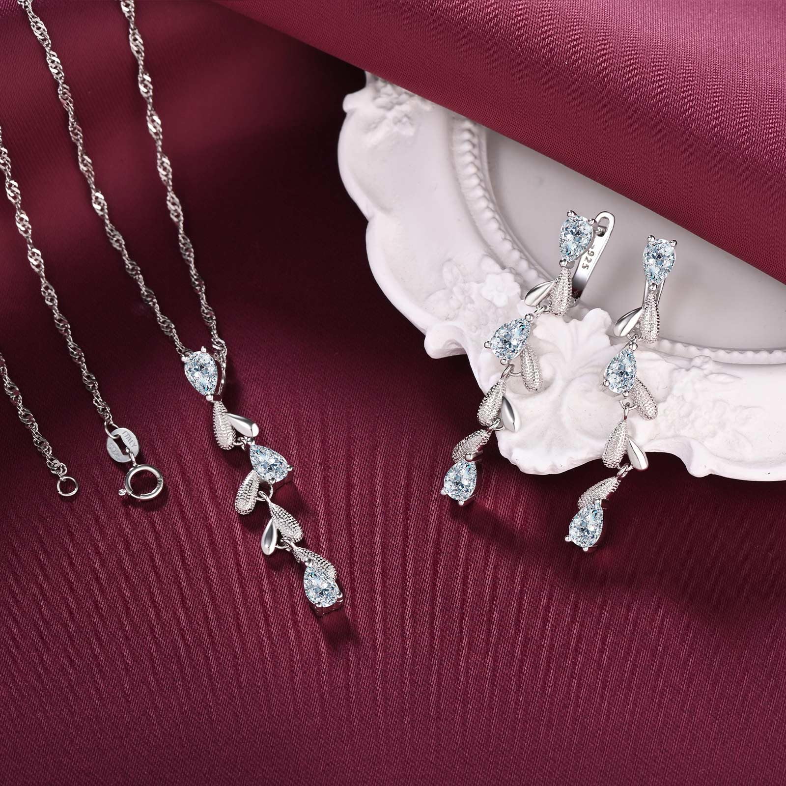 Yumilok Brillante 925 gotas de agua de plata esterlina colgante cadena de Zirconia clavos para los oídos Sra. colgante collar joyería set 925 de plata esterlina