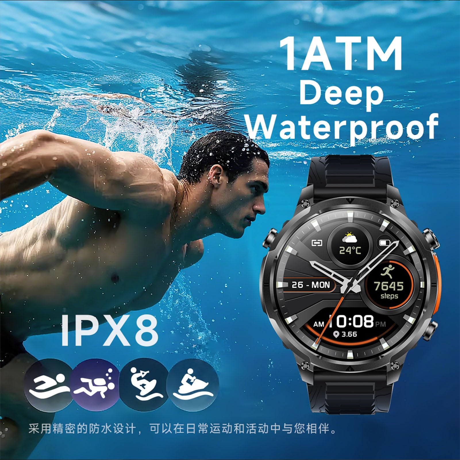 GPS Orologio Collegato Uomo Donna Sport Impermeabile Multiattività Pedometro Chiamate Bluetooth10 giorni di autonomia Monitor Frequenza Bussola Monitoraggio della Pressione Atmosferica, Altimetro 1ATM