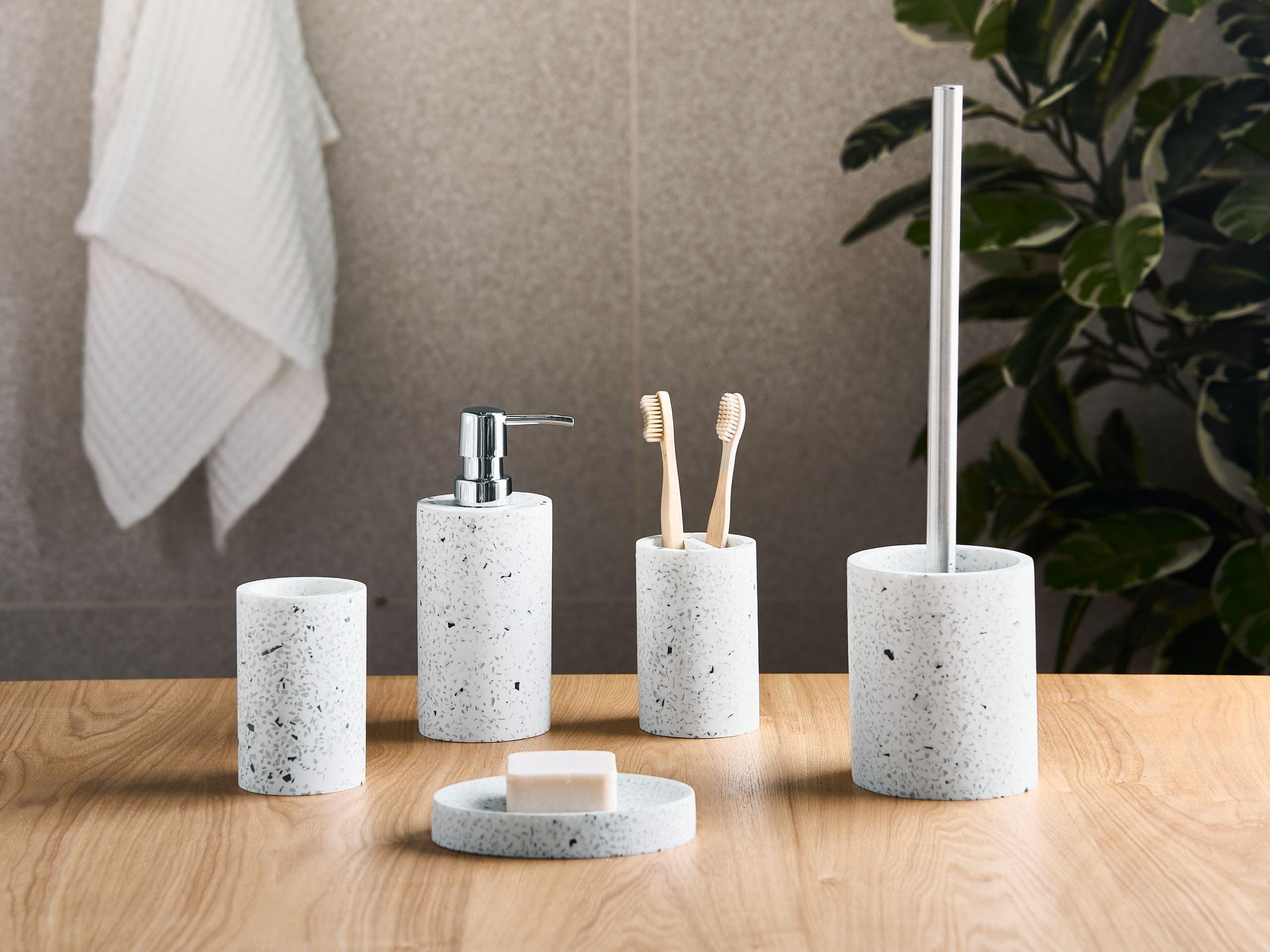 Badaccessoires Set 5-teilig Kunstharz weiß Terrazzo Optik Badausstattung Perene