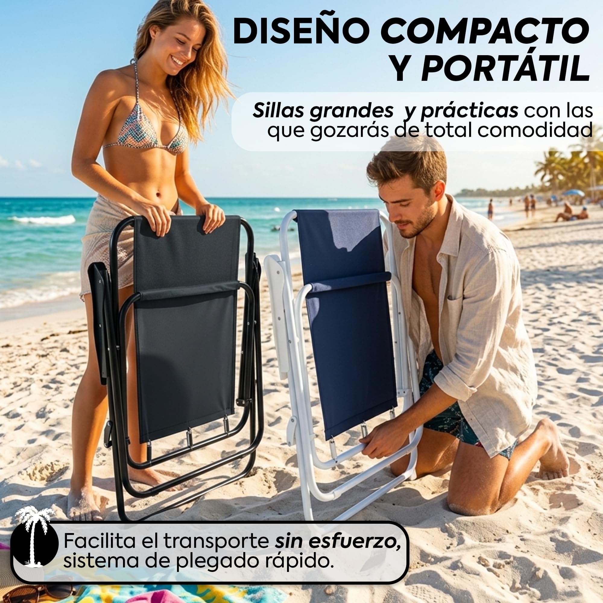 Nordiq - Silla para Playa y Camping - Pack de 2 - Plegables de Acero Reforzado Respaldo Alto Transpirable, Estructura Portátil para Pesca Playa y Jardín Peso Máximo Soportado 110 kg Azul/Blanco