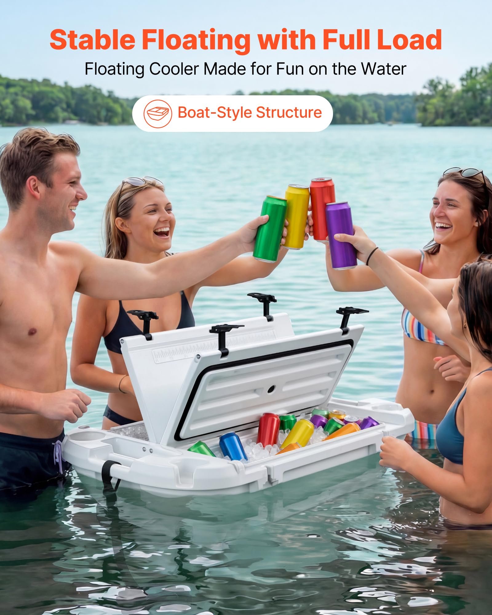 VEVOR Nevera Flotante 37,9 L Enfriador Flotante para Agua y Tierra con Carcasa Rígida Aislada, Portavasos, Asas Laterales, Cuerda de Remolque para Playa Piscina Lago Barco Bebida Hielo, Color Blanco