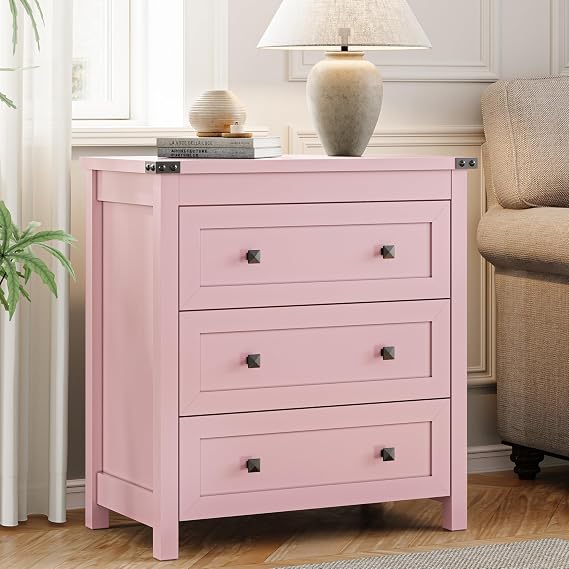 Xixini Farmhouse Nightstand with 3 Storage Drawers, 27.55 Wide Wood Bedside Table, Modern Side Table with Metal Handle, End Table for Bedroom, Pink