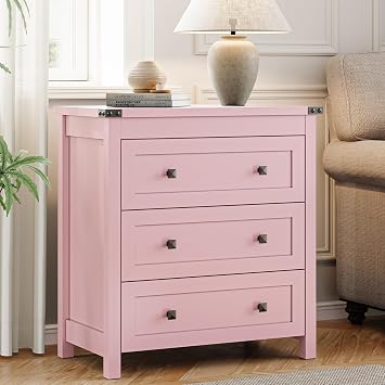 Xixini Farmhouse Nightstand with 3 Storage Drawers, 27.55 Wide Wood Bedside Table, Modern Side Table with Metal Handle, End Table for Bedroom, Pink