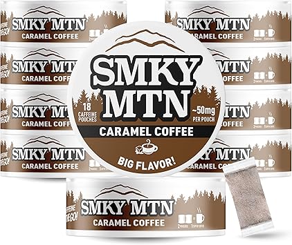 Smokey Mountain Caffeinated Pouches - Caramel Coffee - Tobacco Free and Nicotine Free - 10 cans - 15 Pouches Per Can