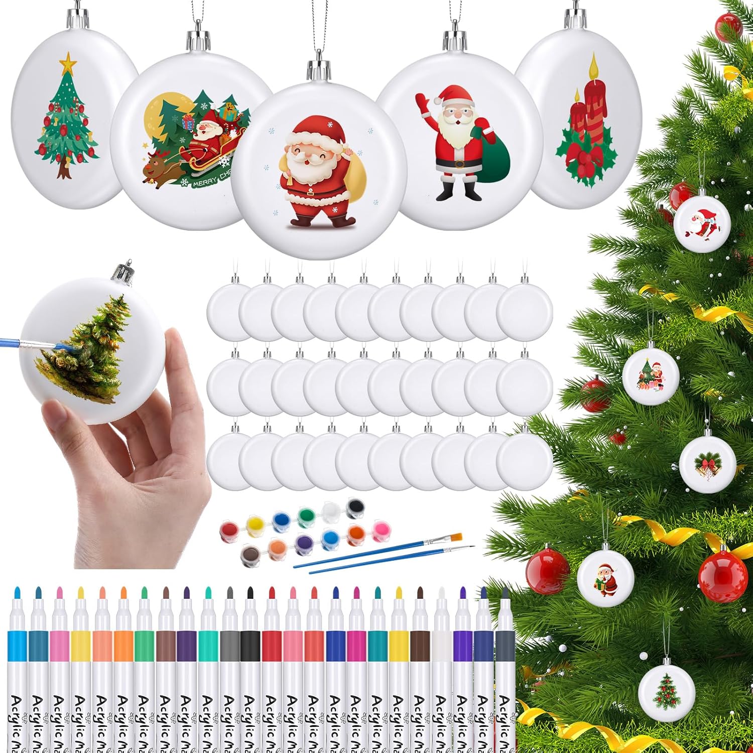 36 Pcs 3.15'' Christmas Blank White Ball Ornaments for Crafts Paintable Flat Plastic Ornaments to Decorate with Painting Set for Make Your Own Xmas DIY Decor Ball Style