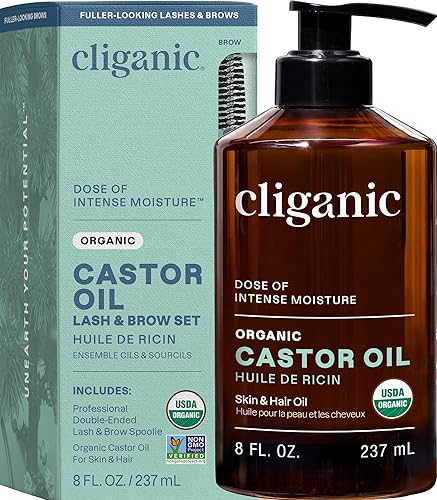 Cliganic - Aceite de ricino orgánico con certificación USDA, 100 % puro con kit de pestañas (240 ml [8 oz]). Para pestañas, cejas, cabello y piel.