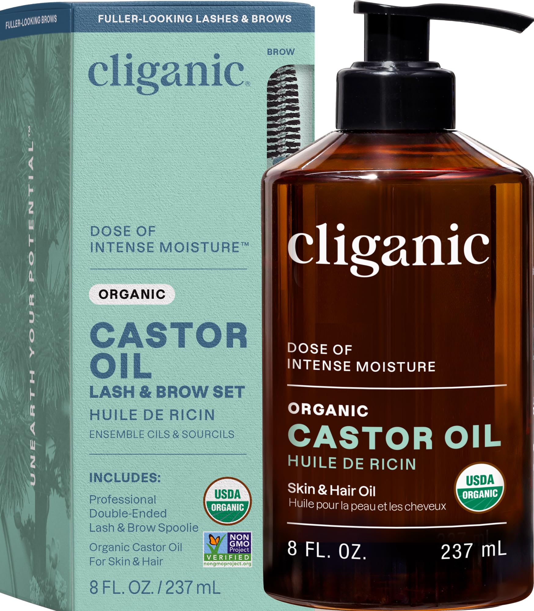 Cliganic Organic Castor Oil, 100% Pure (8oz with Eyelash Kit) - For Eyelashes, Eyebrows, Hair & Skin | Bulk, Natural Cold Pressed Unrefined Hexane-Free | DIY Carrier Oil