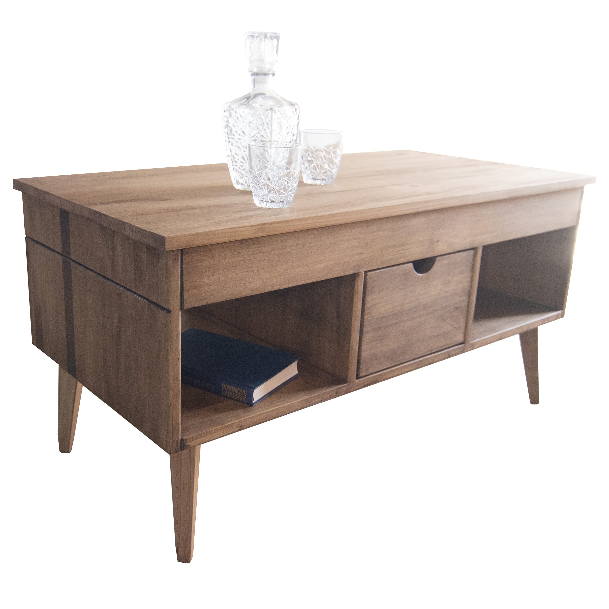 LoMasCasa - Mesa de Centro Elevable Modelo Karla con Cajón Deslizante Central, Madera Maciza de Pino Natural en Color Madera Encerada. Patas Cónicas. Medidas 100 x 50 x 47 cm