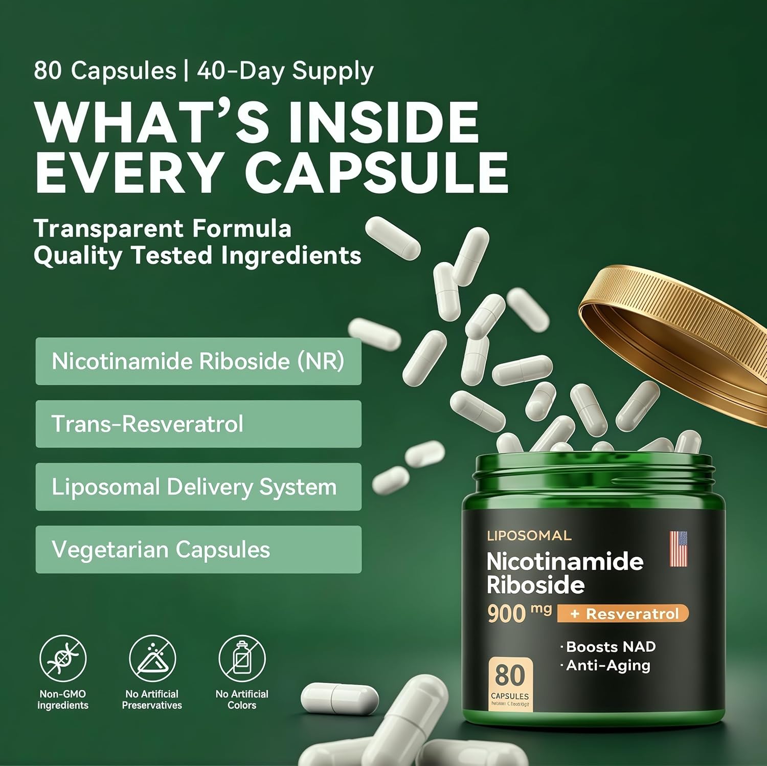 DLR NAD+ Supplement 900mg | Liposomal NAD with Resveratrol for Men&Women | NMN Supplement | 80 Capsules