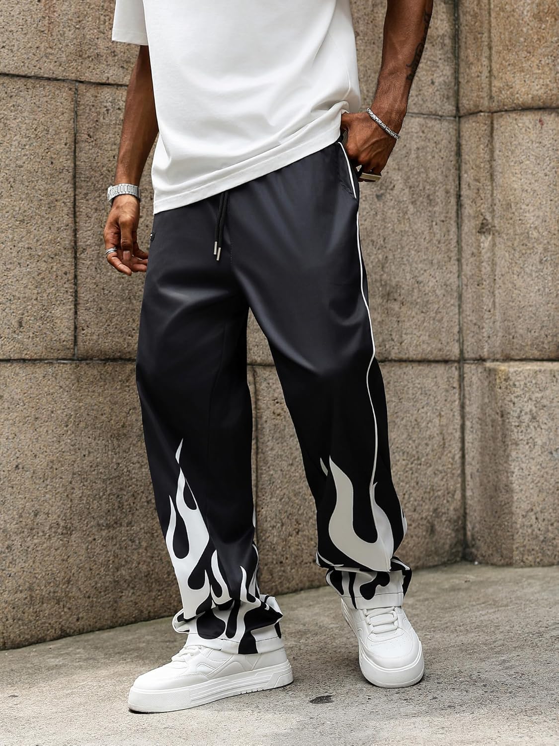 ZAFUL Mens Printed Lightweight Casual Pants Y2K Sweatpants Drawstring Dance Pants Baggy Fashion Straight Leg Pants - Image 3