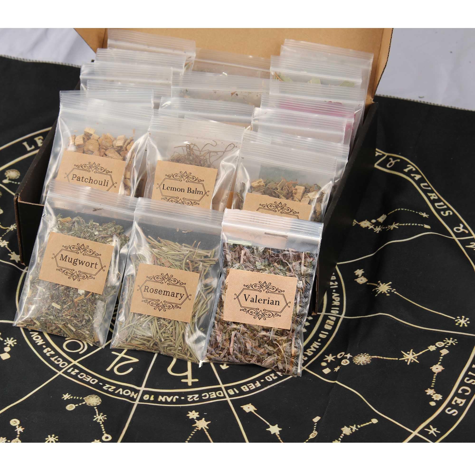 Zestaw 60 ziół czarów – wiccan i pogańskie materiały do zaklęć, rytuałów, aptekarza, czarownic - zestaw suszonych kwiatów i magicznych ziół