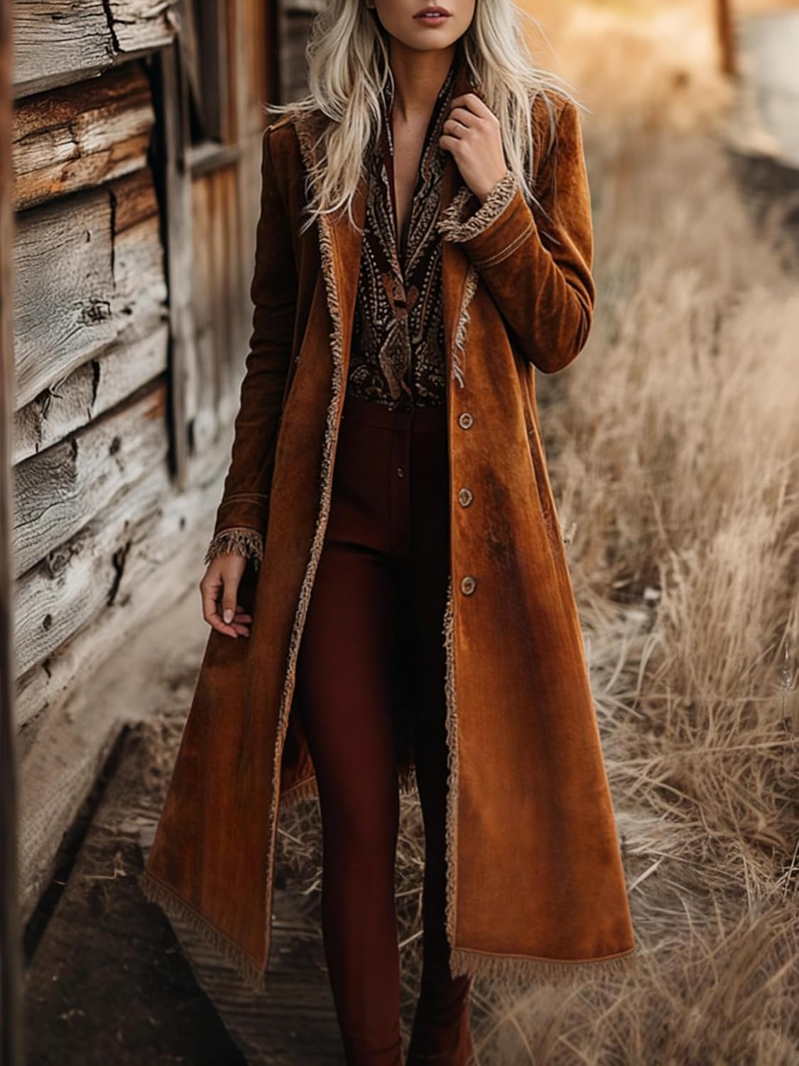 utcoco Women's Long Suede Trench Coat, Retro Western Coat with Tassel, Classic Lapel Windproof Trench Overcoat