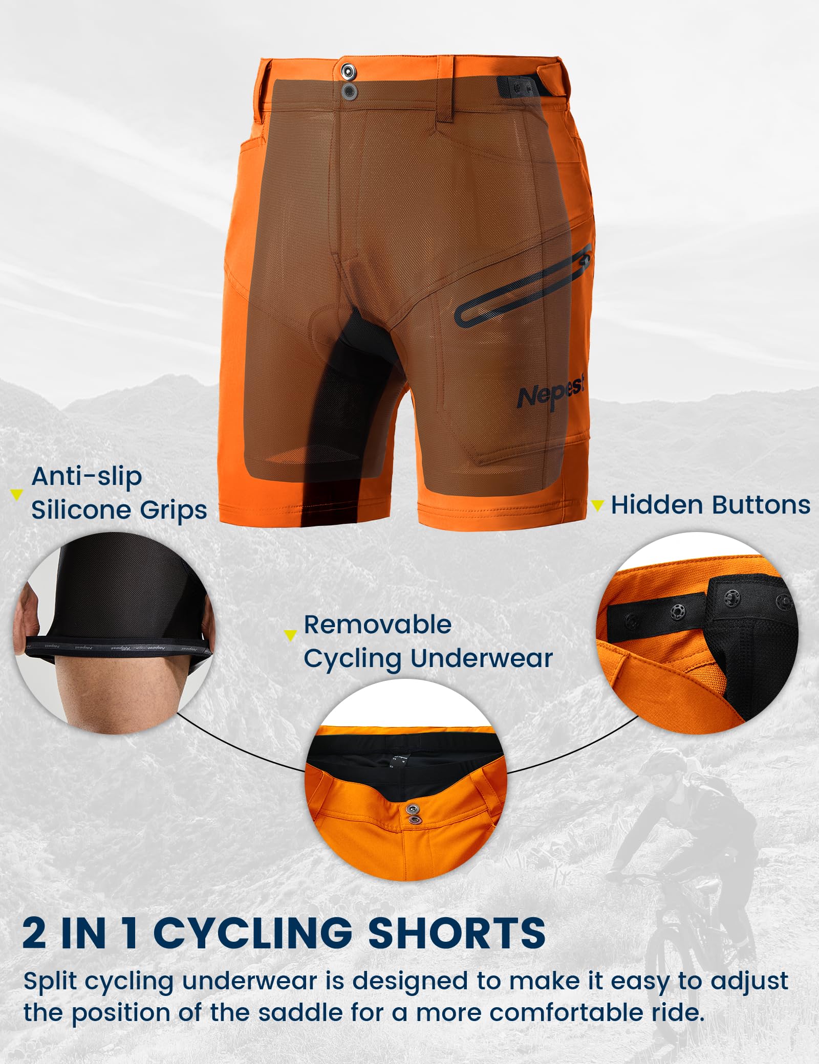 Nepest Short de VTT rembourré 3D pour Homme - Doublure rembourrée - Séchage Rapide - Poches zippées