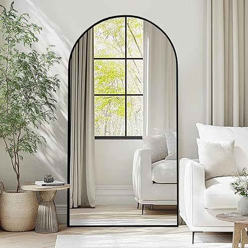 Beauty4U 76" x 34" Large Arched Full Length Mirror with Stand, Black Wall Mounting Full Body Tempered Mirror, Metal Frame Full-Length Mirror for Living Room, Bedroom
