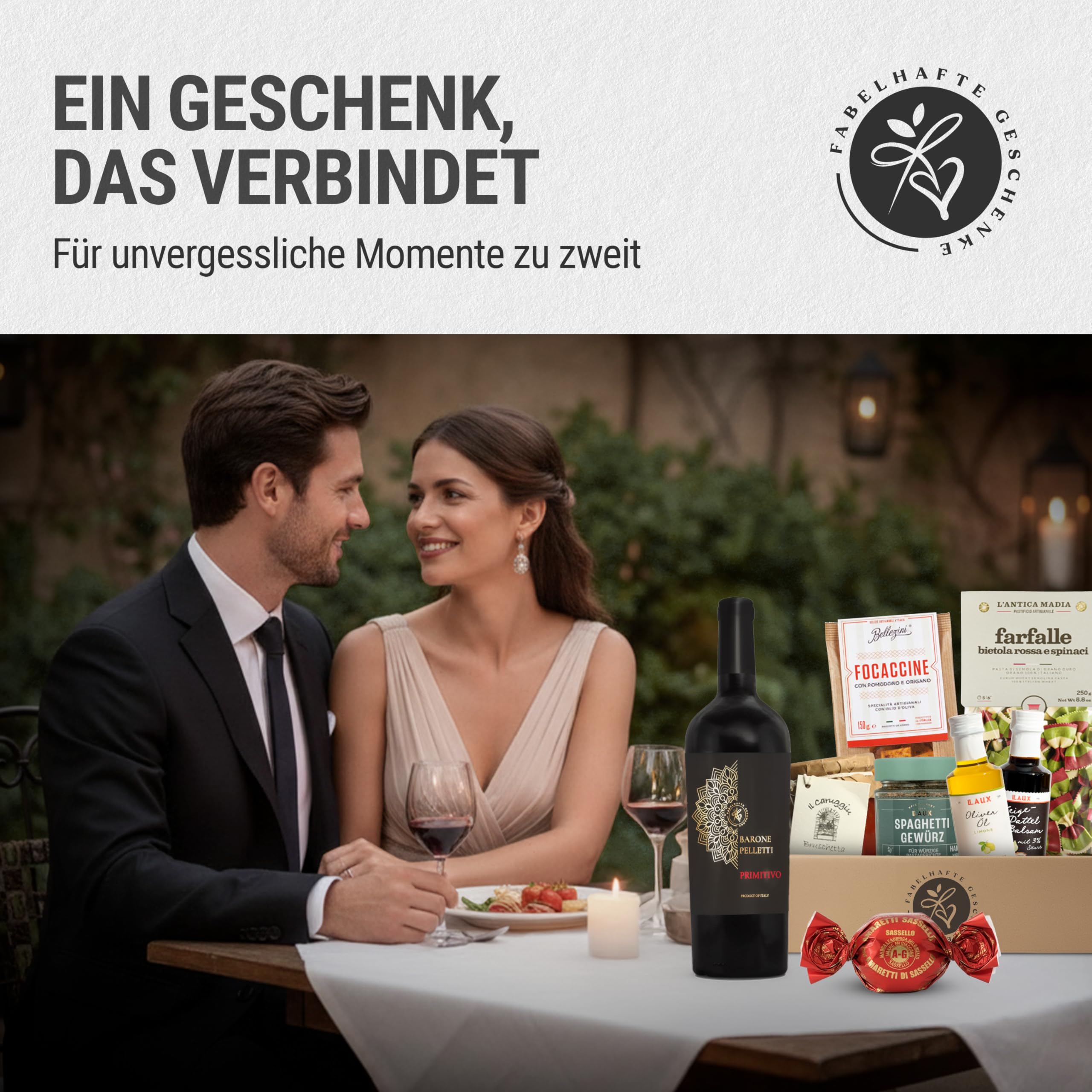 Präsentkorb La Dolce Vita gefüllt mit Rotwein und italienischen Delikatessen | Wein Geschenk für Männer & Frauen zu Geburtstag, Weihnachten | Geschenkkorb mit Banderole "Herzlichen Glückwunsch"