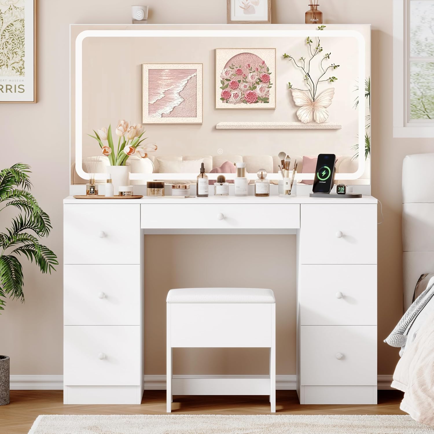Makeup Vanity Desk with Mirror and Lights, Large White Vanity Set with 46" HD Mirror & Storage Stool, 7 Drawers & Power Outlet, Dressing Table for Women & Girls Bedroom