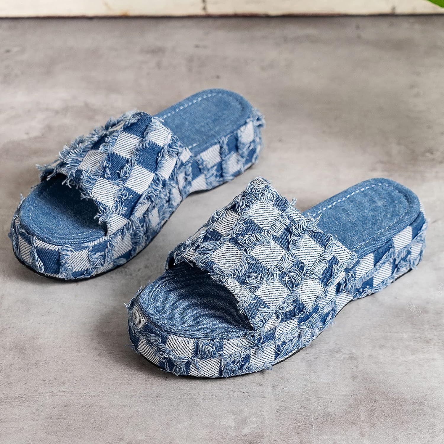 Women's Denim Cloth Heckered Pattern Platform Slides Vintage Thread Edge Open Toe Slip On Comfortable and Non-Slip Slide Boho Sandals
