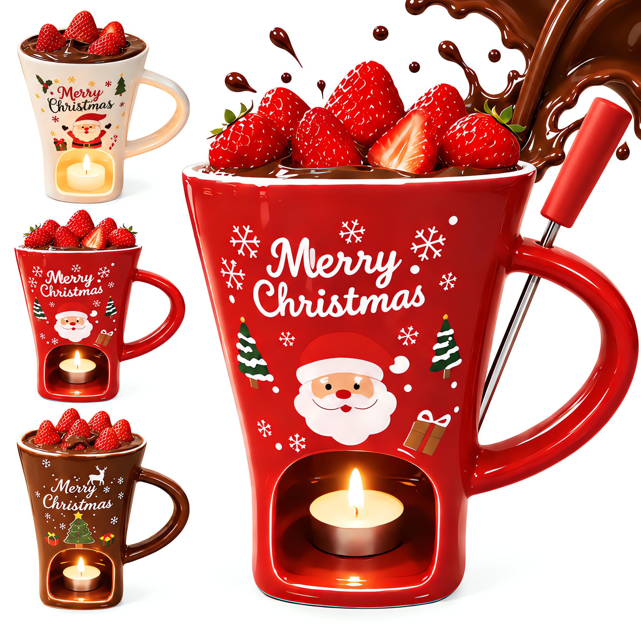 Christmas Ceramic Chocolate Fondue Mug with Fork, Ceramic Melting Cup (Style D) — image 1