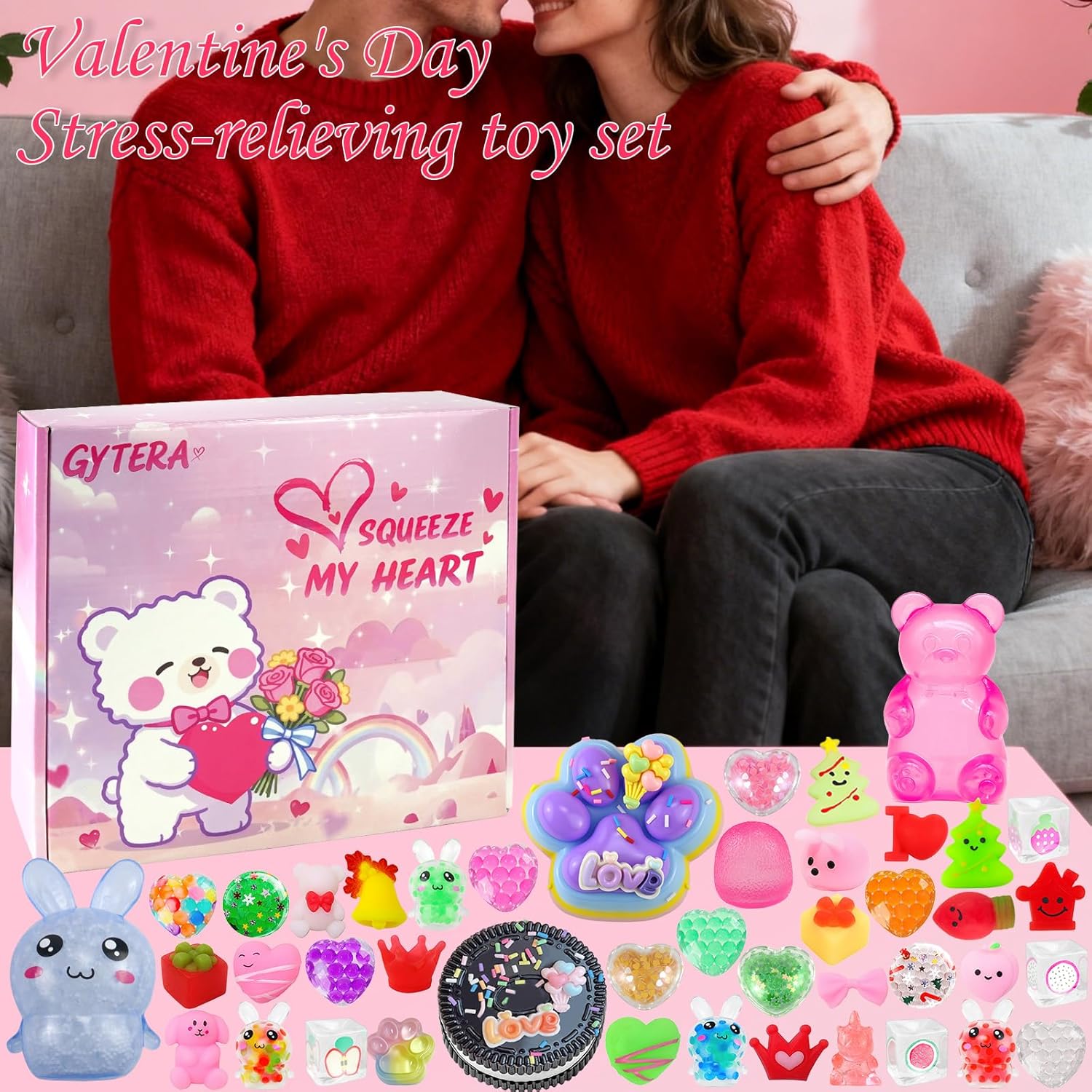 24PCS Mochi Squishy Valentines Day Gifts, Taba Squishy Fidget Toys with Heart, Bear, Bunny, Cubes, Fidgets Birthday Gifts for Women, Valentines Squishies Classroom Prizes Party Favors