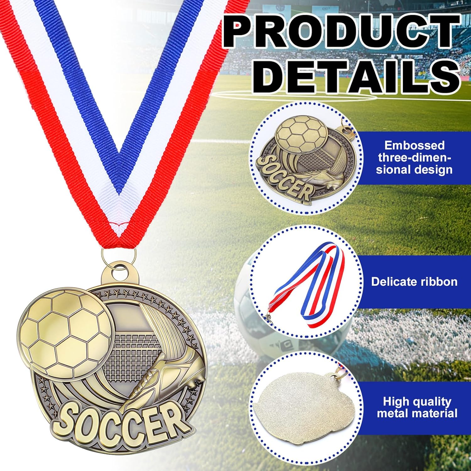 24 Pcs Gold Medals Bulk 2 Inch Award Ribbons Sports Themed Metal Medal Trophy for Team Day Tournaments Birthday Party Winner Gifts
