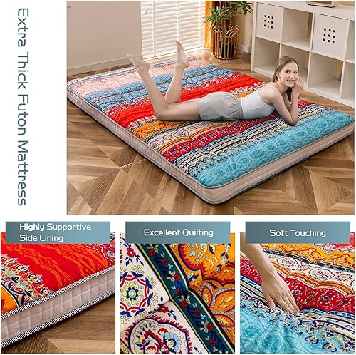 Miniatura 51 de MAXYOYO Colchón tipo futón con estampado floral, acolchado japonés, extra grueso, plegable, transpirable, tumbona para el suelo, cama de invitados