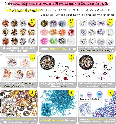 Miniatura 2 de Funshowcase Tubo y tapón de poción mágica de arte de resina, molde de silicona, kit de fundición de joyería, juego de 61 suministros con cuentas de