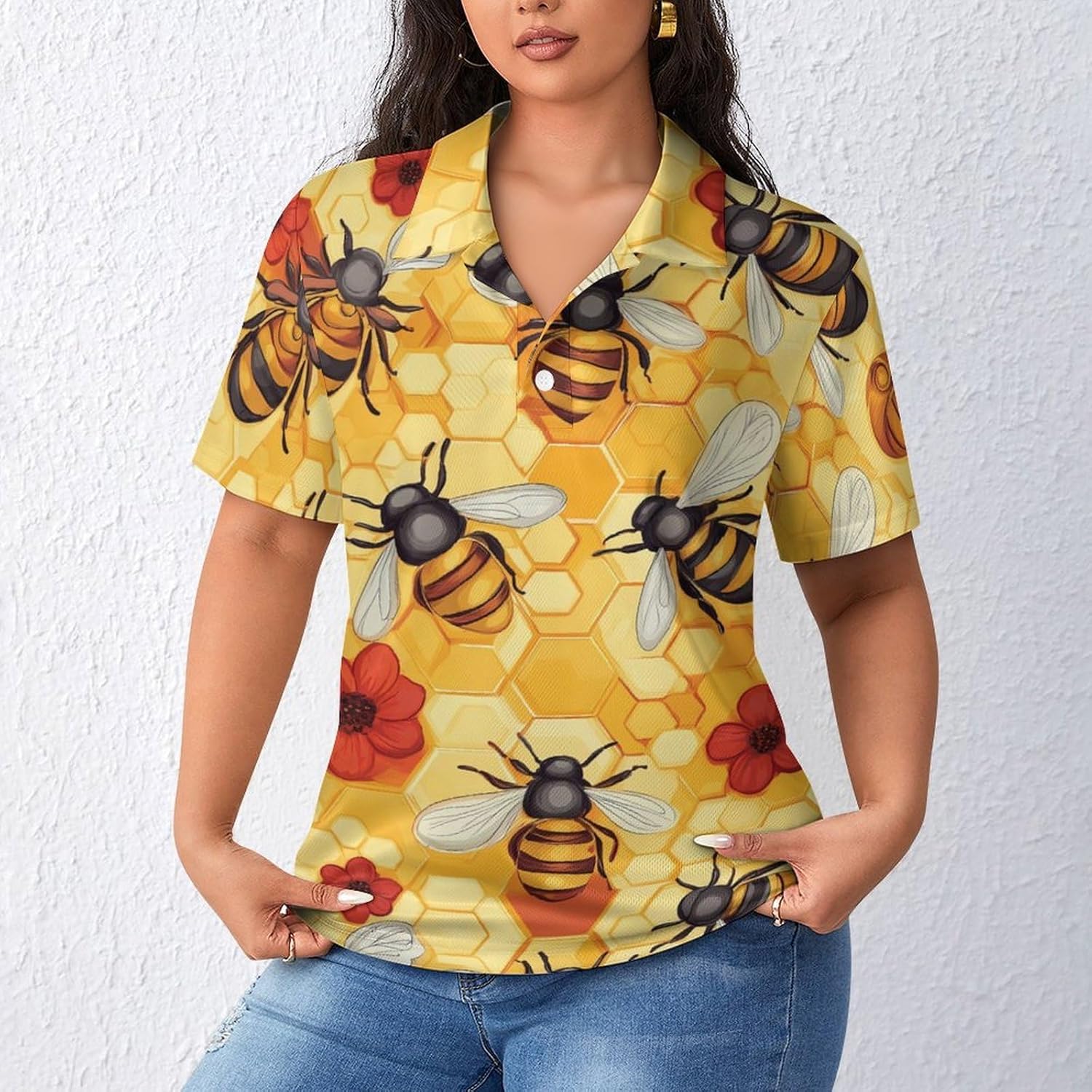 Bees Honeycomb Flowers Womens Golf Polo Shirts Summer Short Sleeve Collared 3 Buttons T Shirt Activewear Tops