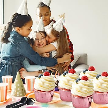 Foil Cupcake Liners Baking Cups With Lids 100 Pack,LNYZQUS 5.5 Oz Large Cupcake Tins Muffin Cups,Disposable Ramekins With Lids,Cupcake Wrappers Holders For Wedding Bakery,with Spoons-Rose Gold