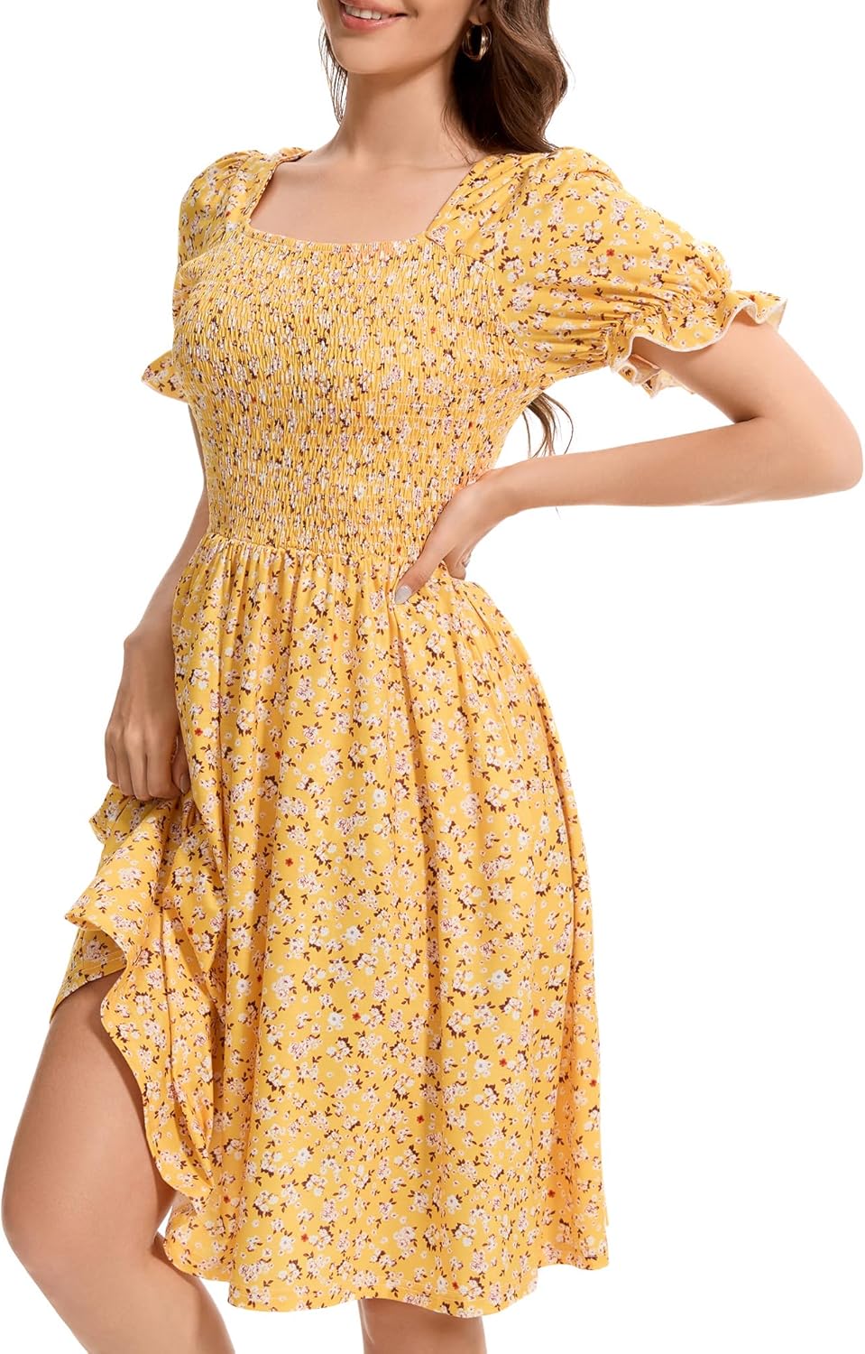 Womens Summer Dress- Square Neck Puff Sleeve Smocked Ruffle Hem A-line Mini Short Dresses - Image 3