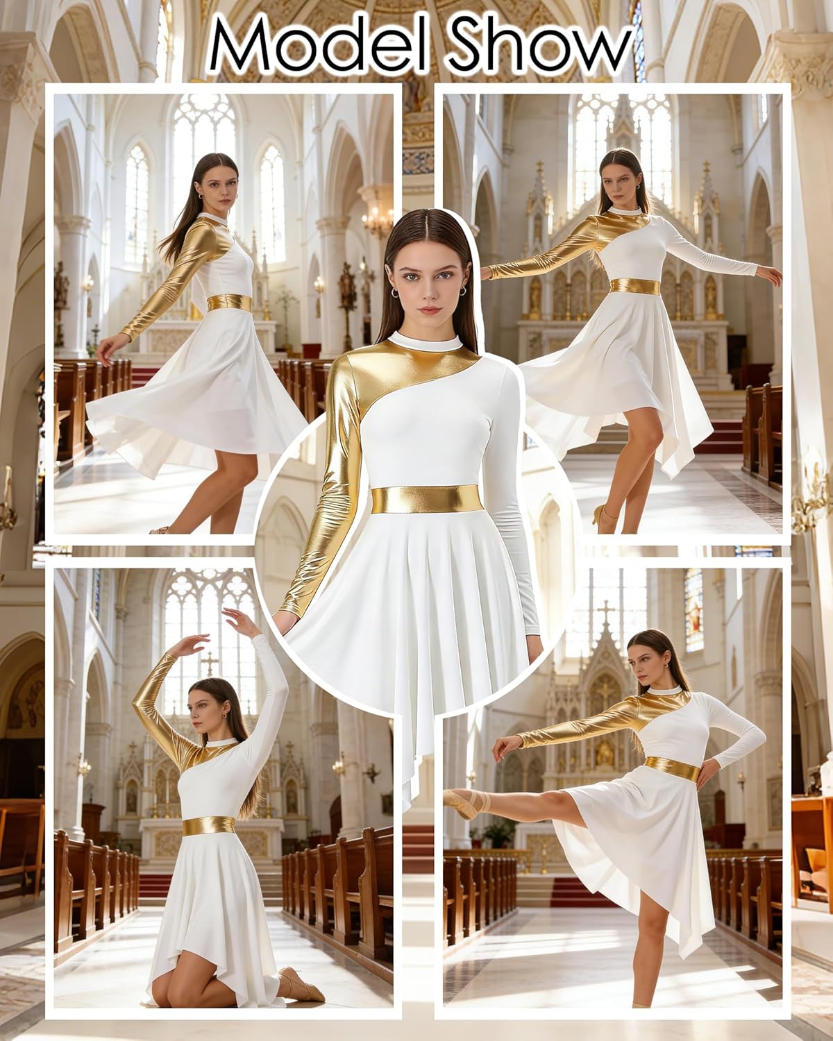 Women's Praise Dance Dress Long Sleeve Worship Dancewear Church Liturgical Lyrical Costume Metallic Asymmetric Maxi - Image 7