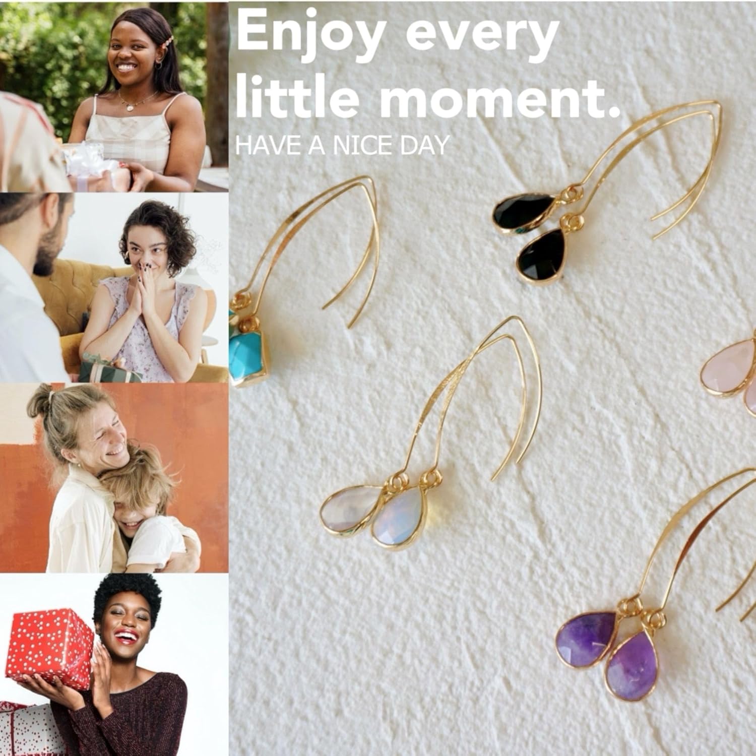 Natural Gemstone Pull Through Earrings 18K Gold Plate Birthstone Jewelry, Healing Stones, Small Dainty Teardrop Drop Dangle Earrings for Women Girls Gift - Image 7