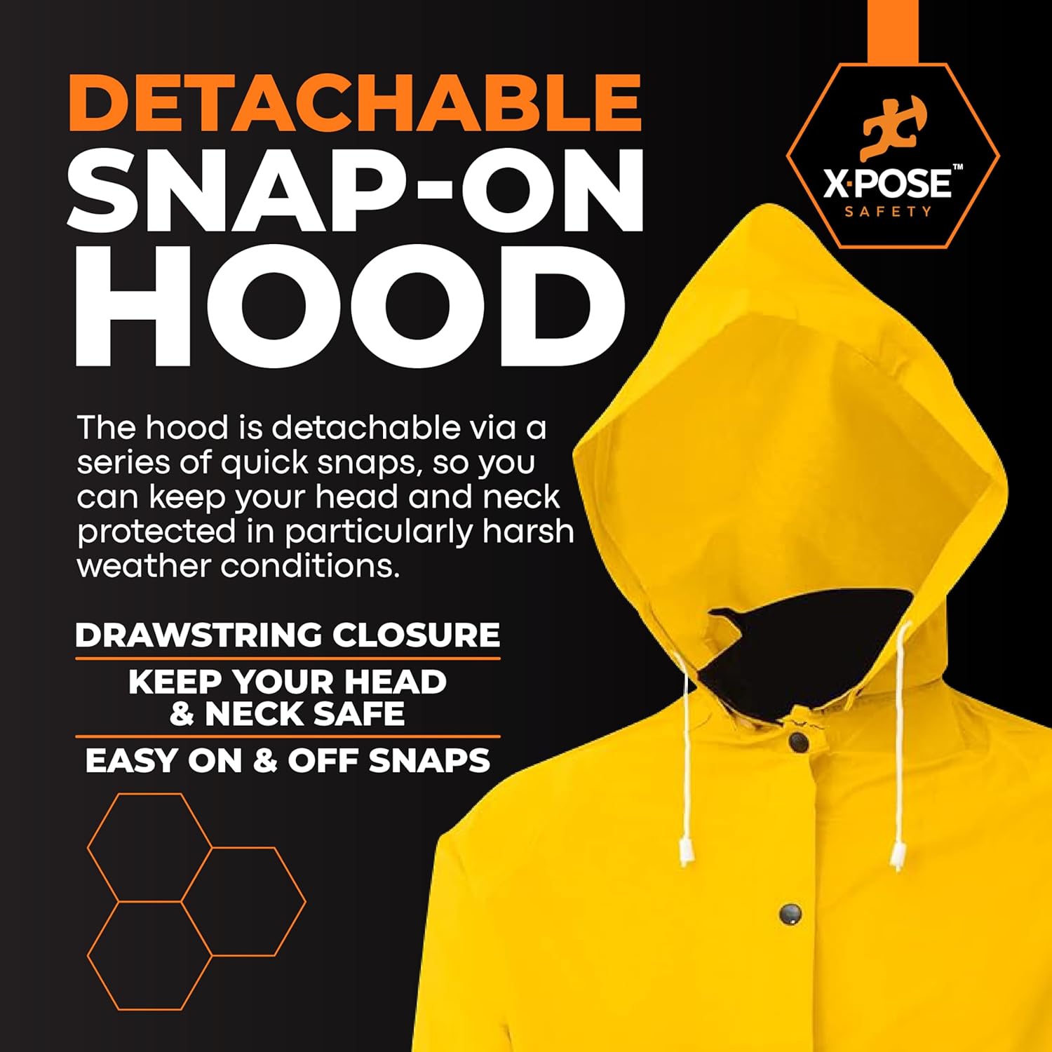 Xpose Safety Heavy Duty Yellow Rain Coat .35mm PVC 48in Raincoat Jacket with Detachable Hood, Waterproof, Fishing