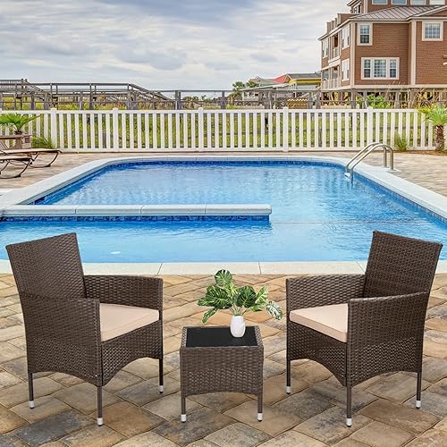 Miniatura 5 de FDW juego de muebles de patio para exteriores, juego de 3 piezas de mimbre para patio, para cafetería, silla de ratán, juego informal con mesa de