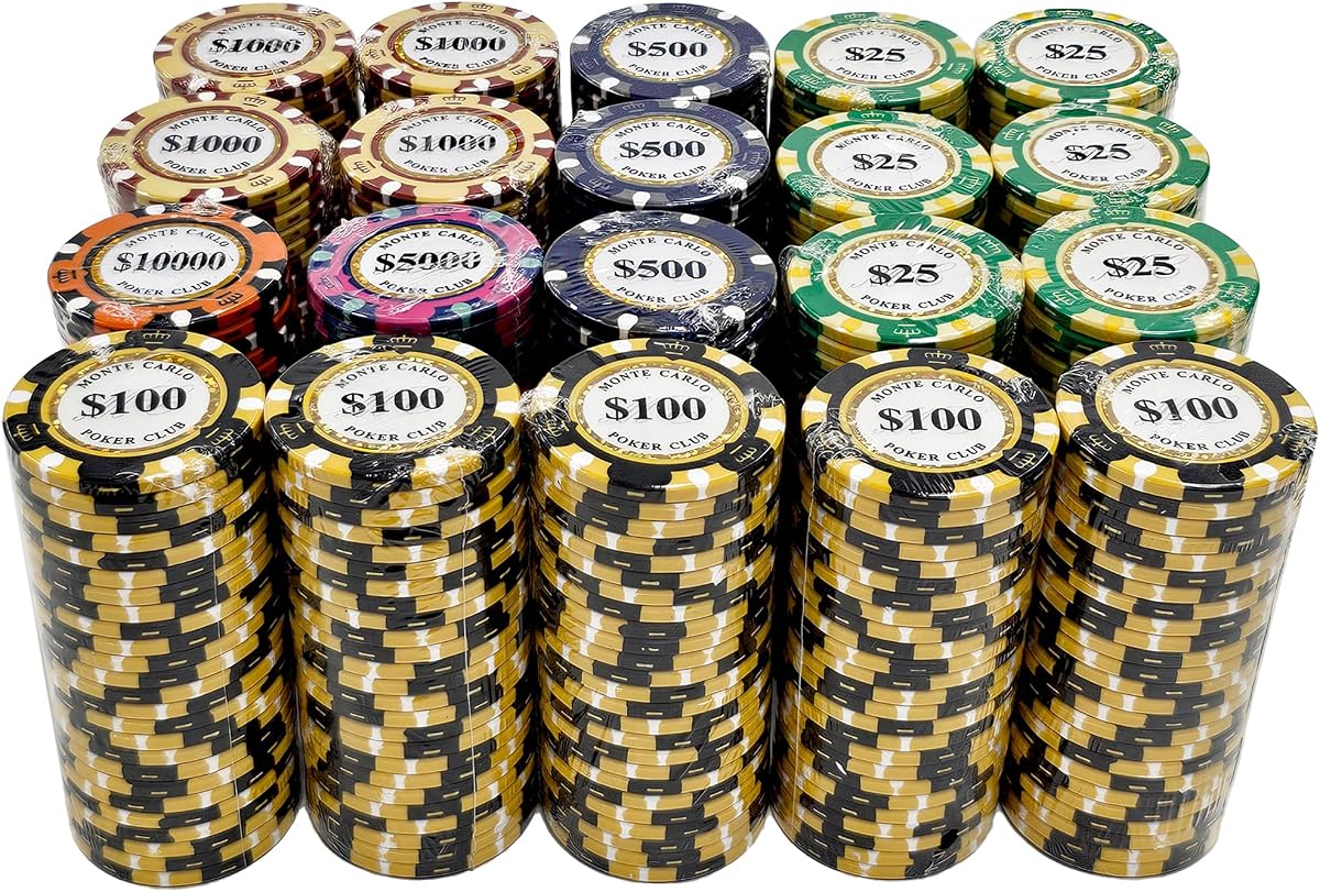 Fichas de póquer compuestas de arcilla Monte Carlo a granel para torneos: calidad de casino de lujo de 13,5 gramos con incrustaciones holográficas y diseño de borde de corona tricolor