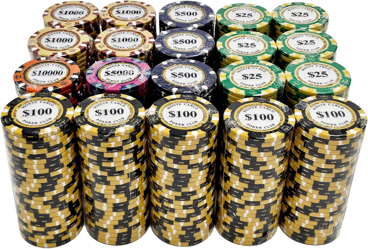 Tournament Bulk Monte Carlo Clay Composite Poker Chips - 13.5-gram Deluxe Casino Quality with Holographic Inlay and Tri-Color Crown Edge Design