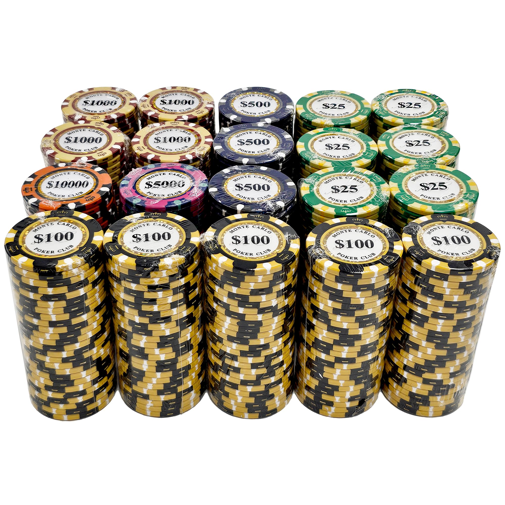 Playzaic (500-count) Tournament Bulk Monte Carlo Clay Composite Poker Chips - 13.5-gram Deluxe Casino Quality with Holographic Inlay and Tri-Color Crown Edge Design
