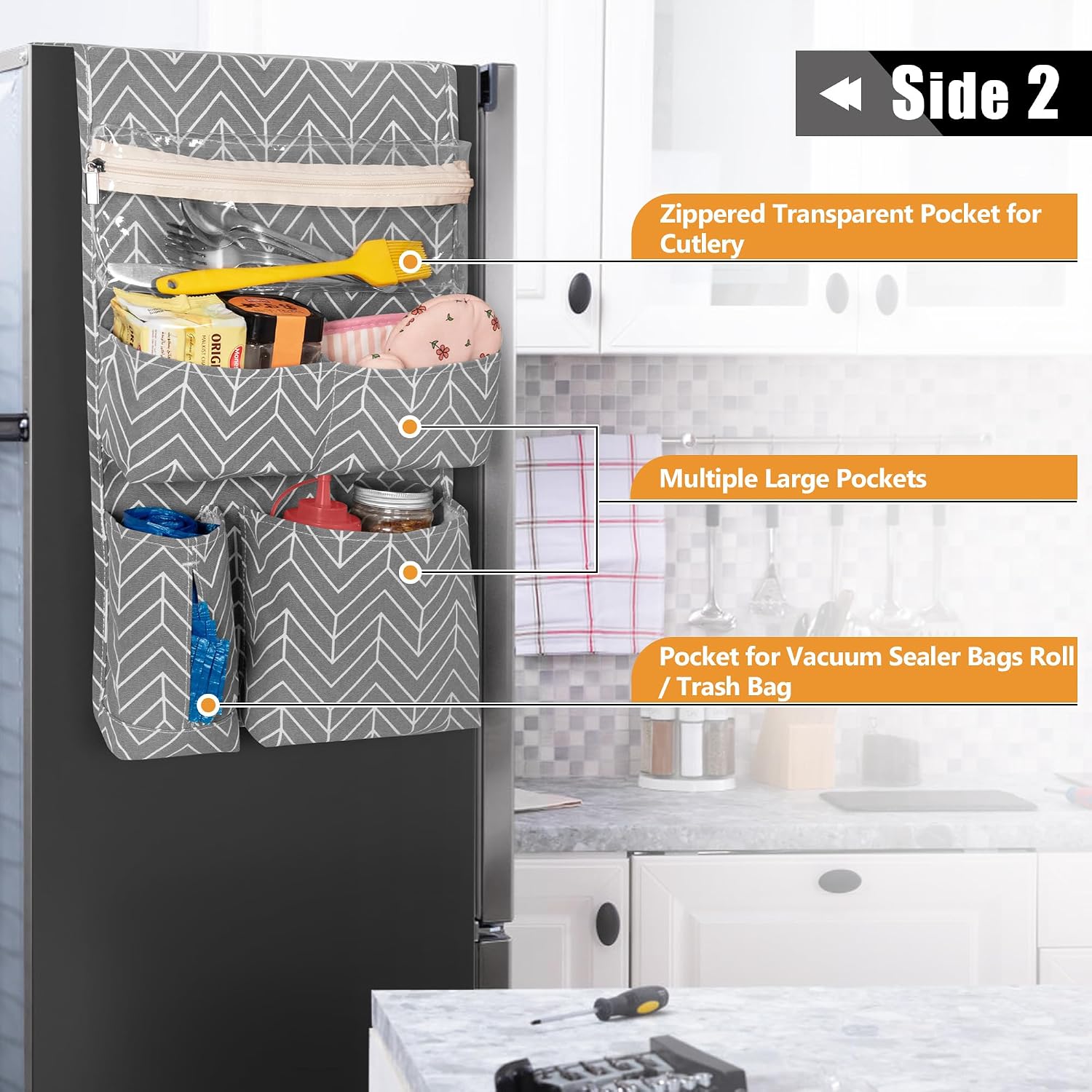 Rexmica Mini Fridge Organizer, Dust Cover with 11 Pockets for Most Household Refrigerators, Hanging Mini Fridge Caddy Organizer Storage Bag for Dorm, Office, Kitchen, Home, School, Stripe