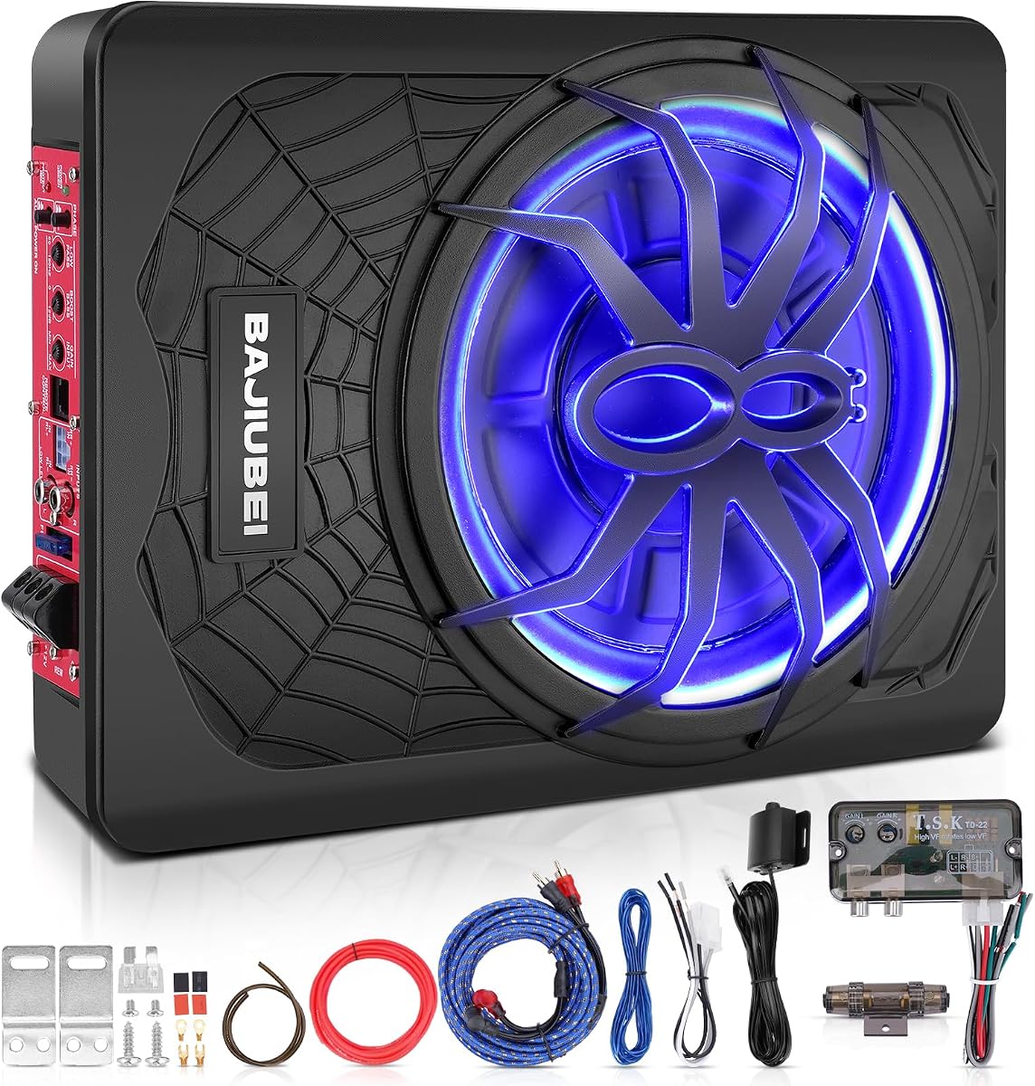10" 1200W Slim Under Seat Powered Car Subwoofer Hideaway Subwoofer | With Complete Mounting Wire Kit, Car Truck Audio Subwoofer Built in Amplifier Sub Amp Combo, with Blue LED Ambient Light