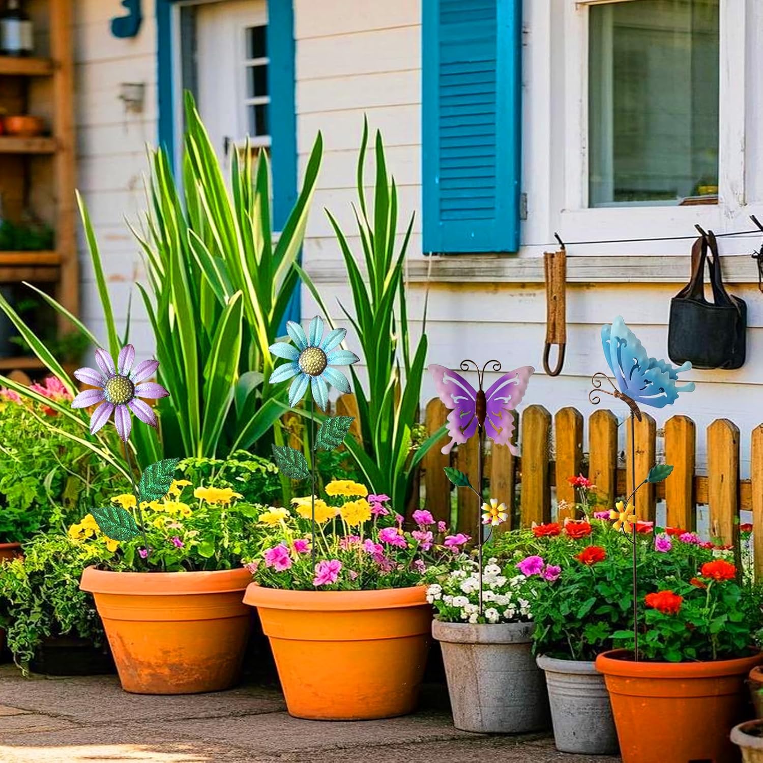 Metal Flowers for Outside, 16.15" 4-Pack Metal Colorful Butterfly & Flower Decorative Garden Stakes for Spring Garden Decor, Shaking Head Yard Art Decorations for Patio Lawn Ornaments