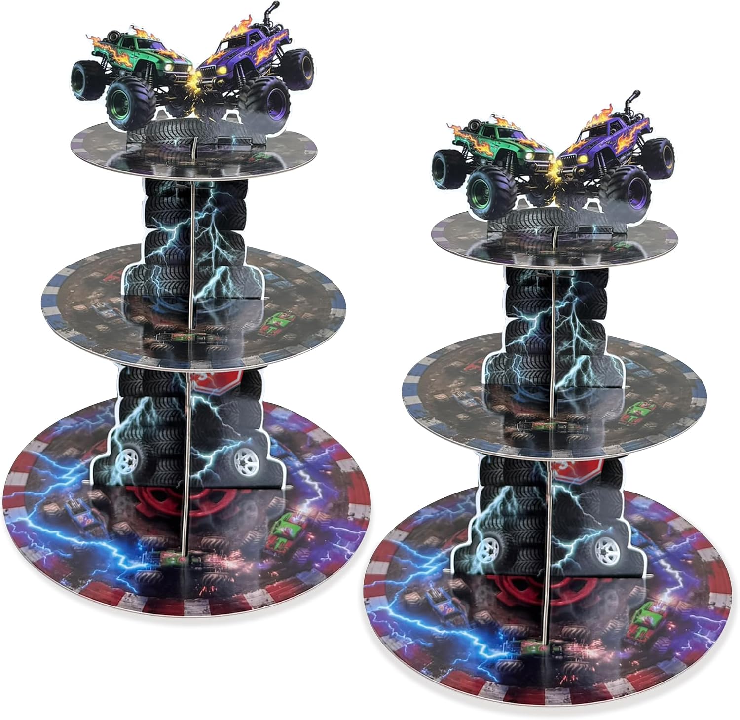2 Pack 3 Tier Monster Truck Cupcake Stand - Racing Car Theme Dessert Tower Holder for Boys Birthday Party Decorations - Purple & Green Truck Party Supplies, Cardboard Cupcake Favors