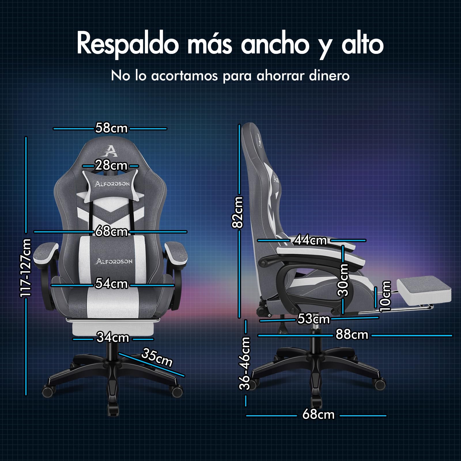 ALFORDSON Silla Gaming con Masaje y LED, Silla Gamer Ergonómica con Cojín Lumbar y Cervical, Reposapiés Telescópico, Iluminación para Ordenador, Videojuego, Juegos, Oficina, Lino(Gris con Splicing)