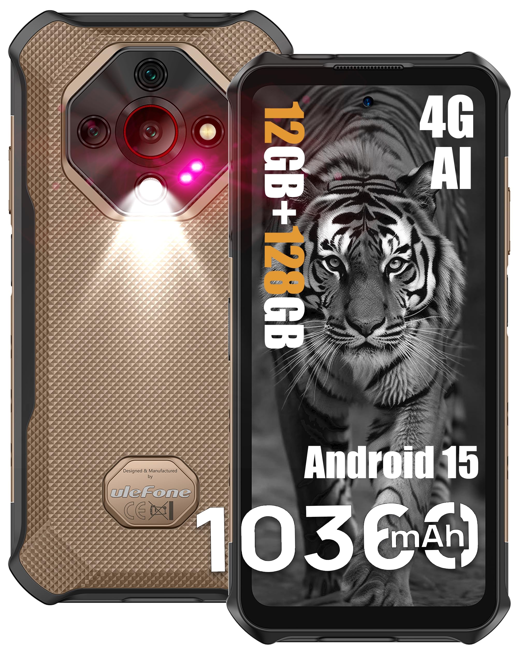 Armor X16 Rugged Smartphone, Android 15 OS, 10360mAh/33W, 12+128GB/2TB, 48MP+20MP+2MP+16MP Camera, 6.56” 90HZ, Widevine L1/NFC/GPS/Dual SIM 4G LTE Unlocked Cell Phone - Sand Dune
