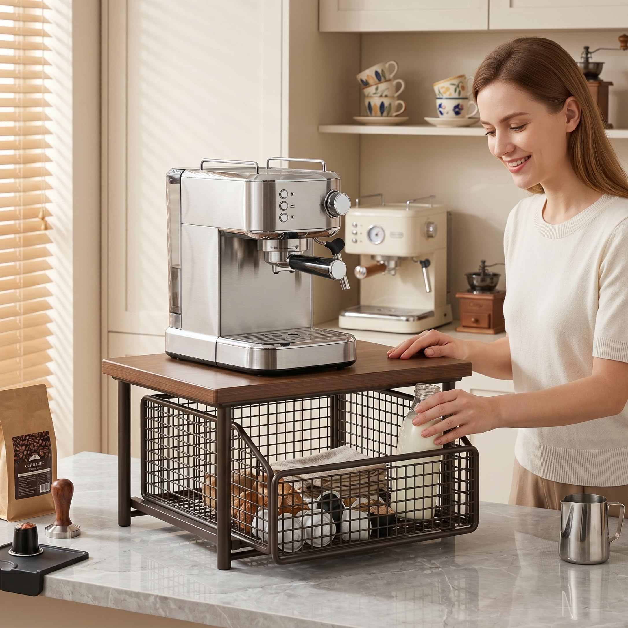 Organizador de estación de café Soporte de café de Metal Resistente con cajón y Bandeja de Madera para Cocina/baño/Bar/Oficina 14, 6 × 9, 8 × 7, 1 Pulgadas