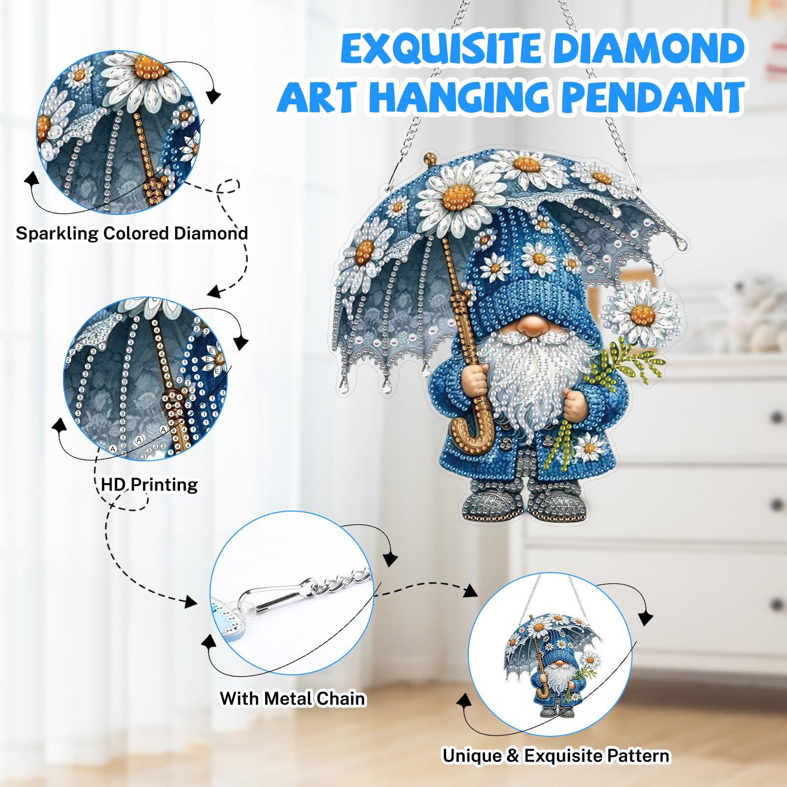 Lxmsja Gnome Diamond Art Hanging Ornaments with Chain for Adults Kids Special Shaped Diamond Painting Daisy Pendant Kits - Image 3