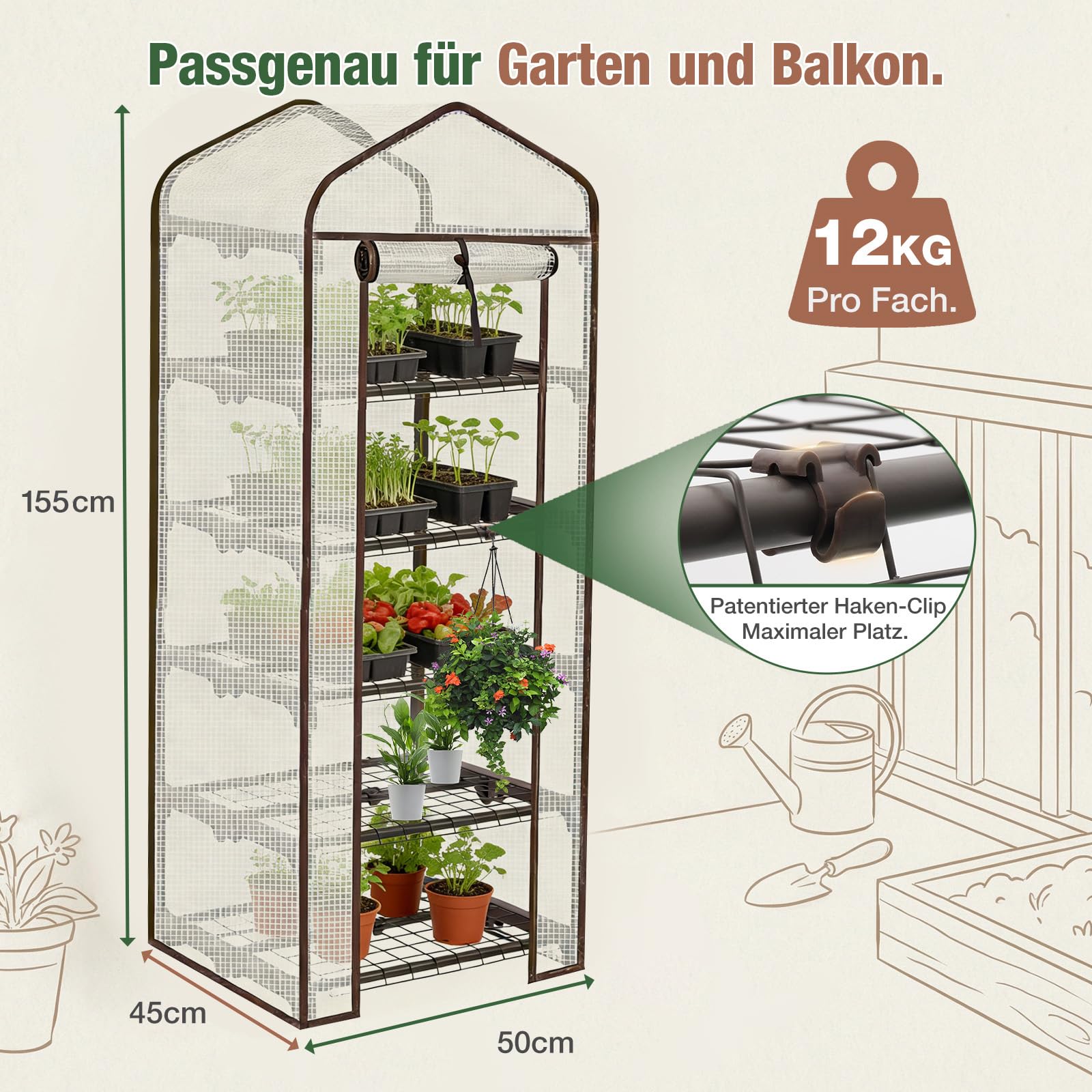 Sekey Mini Tomatengewächshaus 5 Etagen, Foliengewächshaus, Gewächshaus klein Balkon Winterfest - für Indoor & Outdoor Tomatenhaus mit herausnehmbaren Ebenen für Flexible Pflanzhöhe