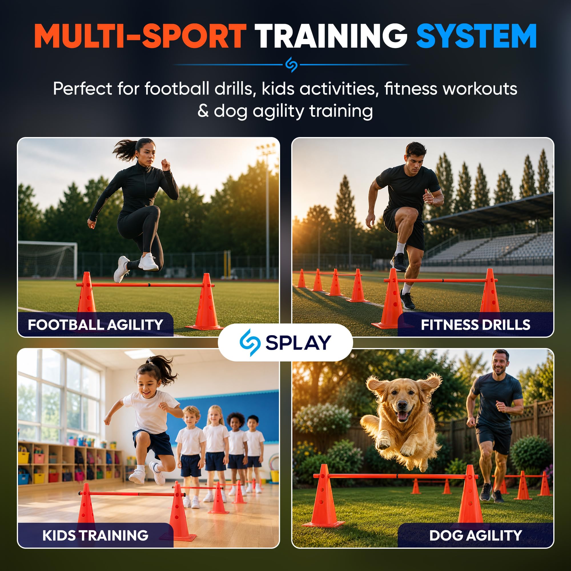 Splay Club Training Hurdle Kit w/Carry Bag | Multi-Sport Plastic Cones for Field Practice, Fitness Training, Agility Set, | 12 Cones (15 Inch) | Adjustable 6 Poles Orange Color (1 Meter)